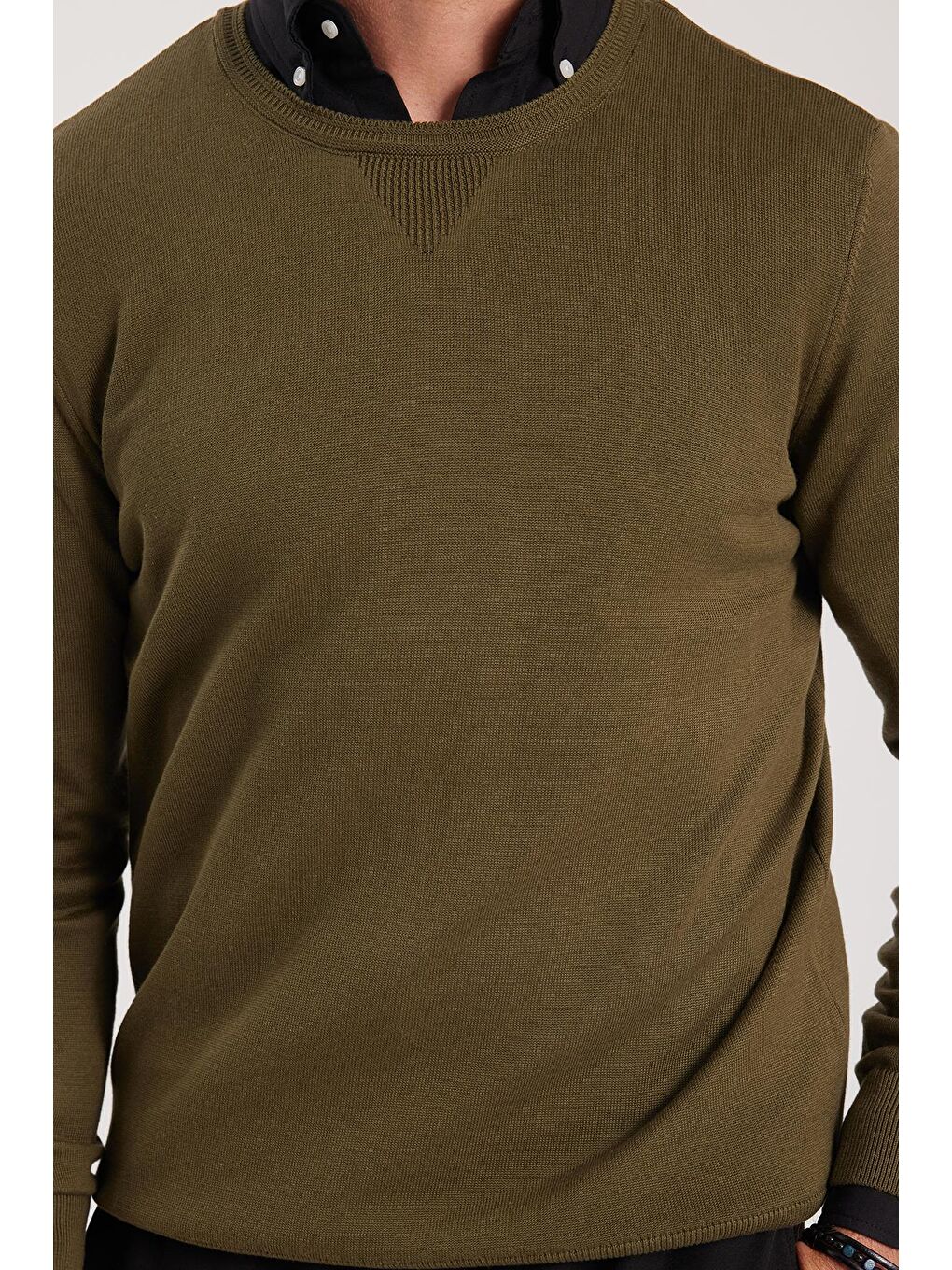 Erkek Standart Fit Normal Kesim Bisiklet Yaka Haki Triko Kazak-2