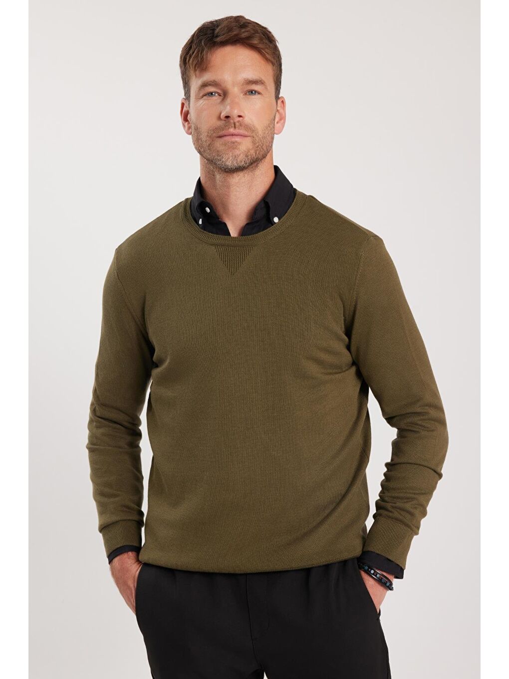 Erkek Standart Fit Normal Kesim Bisiklet Yaka Haki Triko Kazak-3