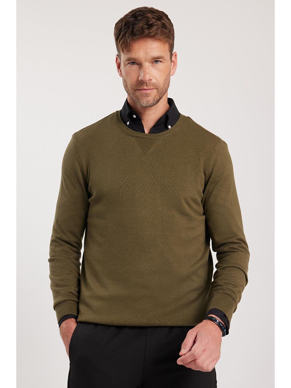 Erkek Standart Fit Normal Kesim Bisiklet Yaka Haki Triko Kazak-4