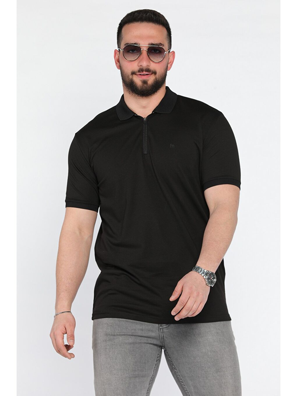 Siyah Yarım Fermuarlı Polo Yaka Erkek Tişört