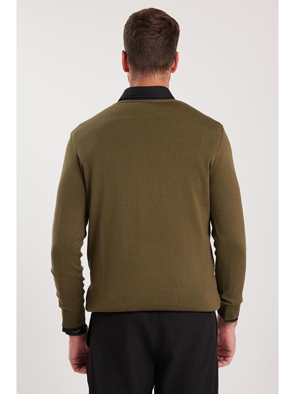 Erkek Standart Fit Normal Kesim Bisiklet Yaka Haki Triko Kazak-6