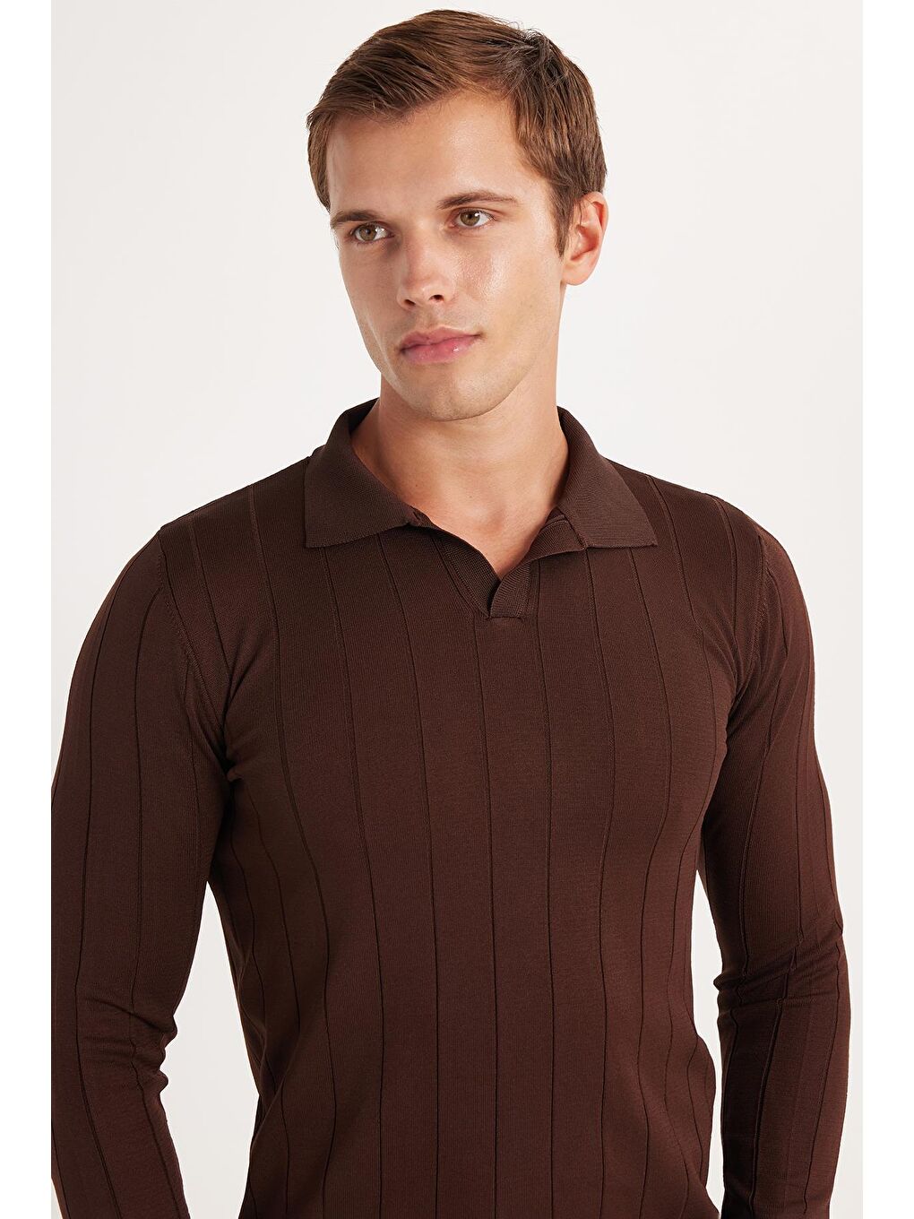Erkek Slim Fit Dar Kesim Uzun Kol Polo Yaka Çizgili Kahverengi Kazak-1