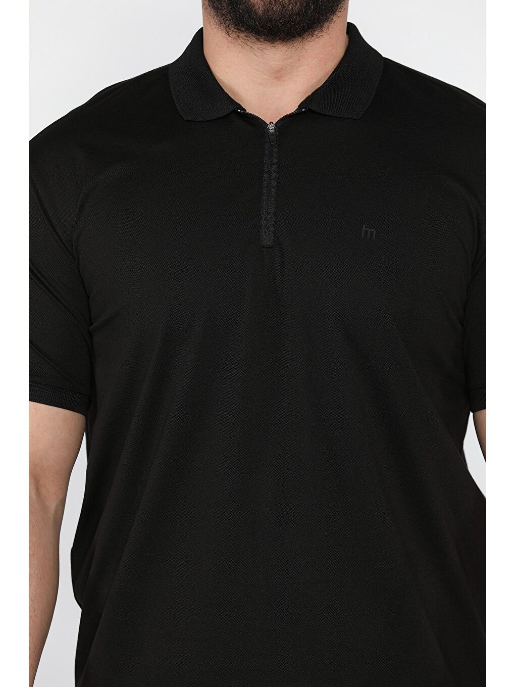 Siyah Yarım Fermuarlı Polo Yaka Erkek Tişört-3