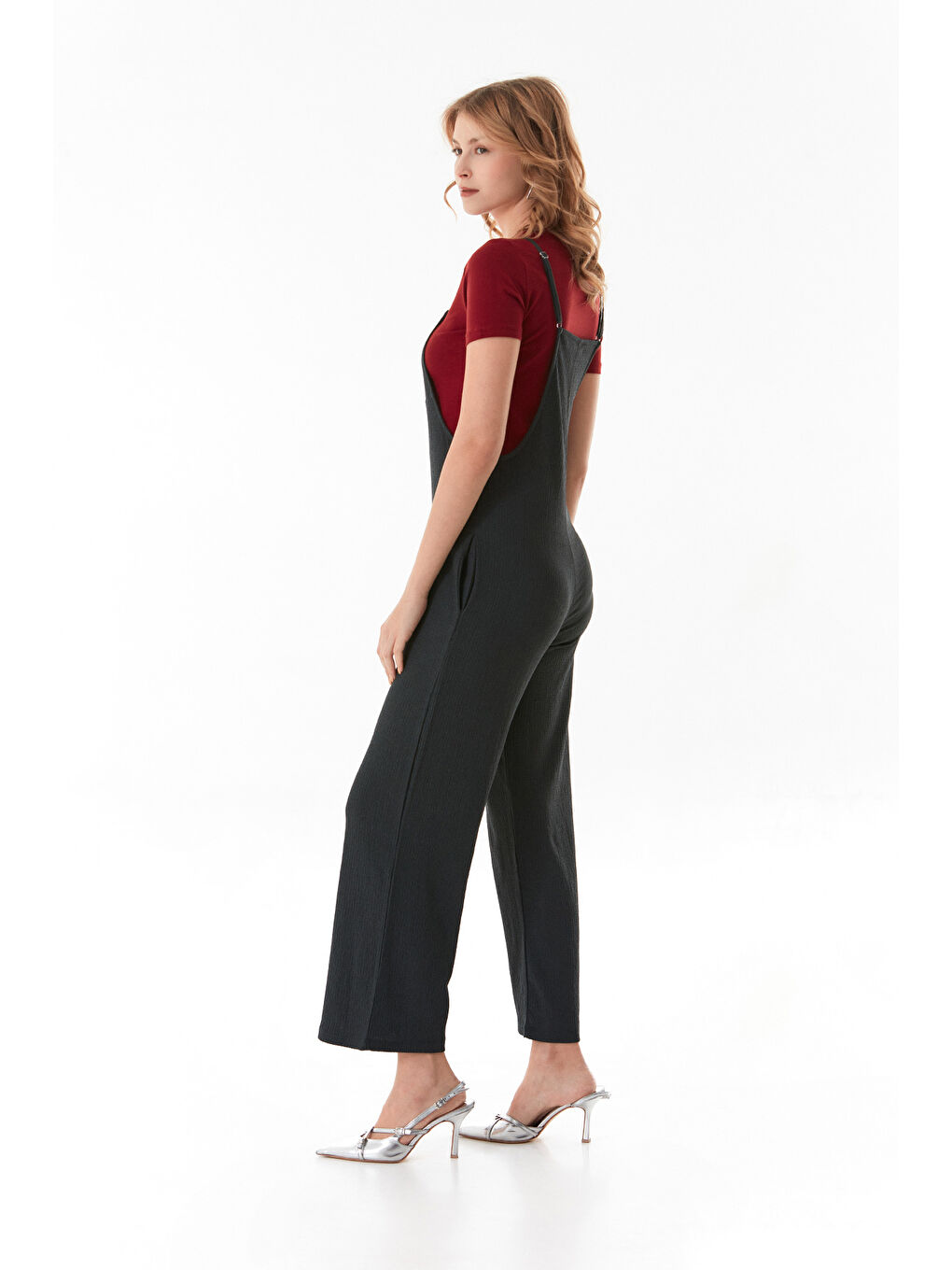 Antrasit Krep Kumaş İp Askılı Tulum-2