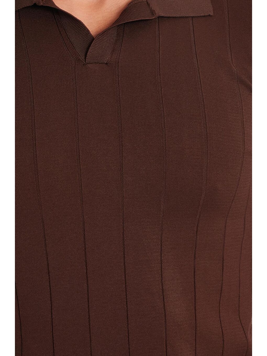 Erkek Slim Fit Dar Kesim Uzun Kol Polo Yaka Çizgili Kahverengi Kazak-2