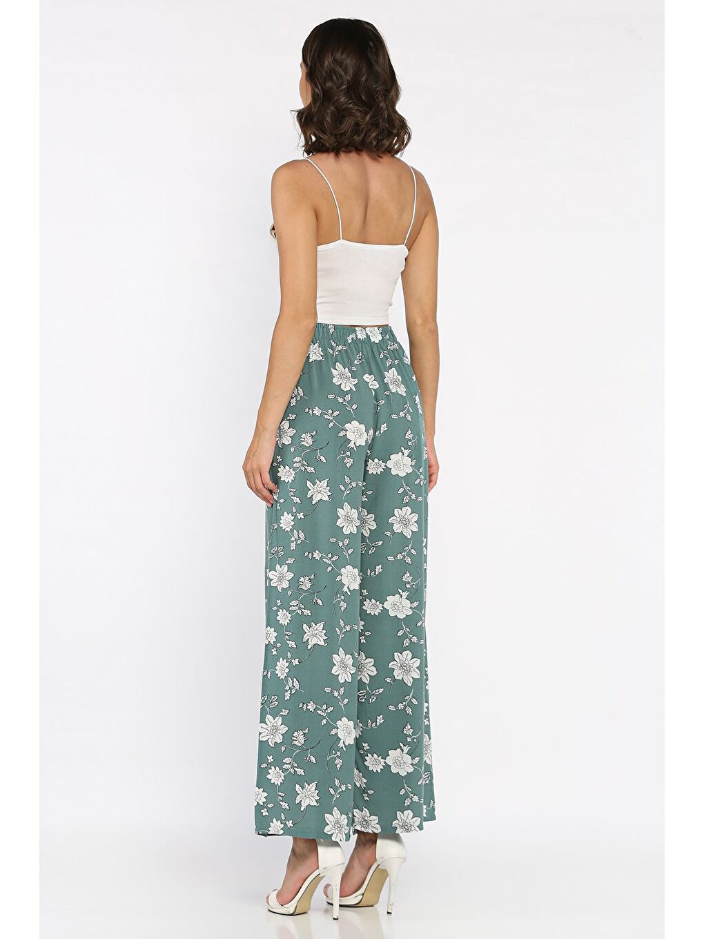 Yeşil Kadın Çiçek Desenli Viskon Yürüyüş Pantolonu-2