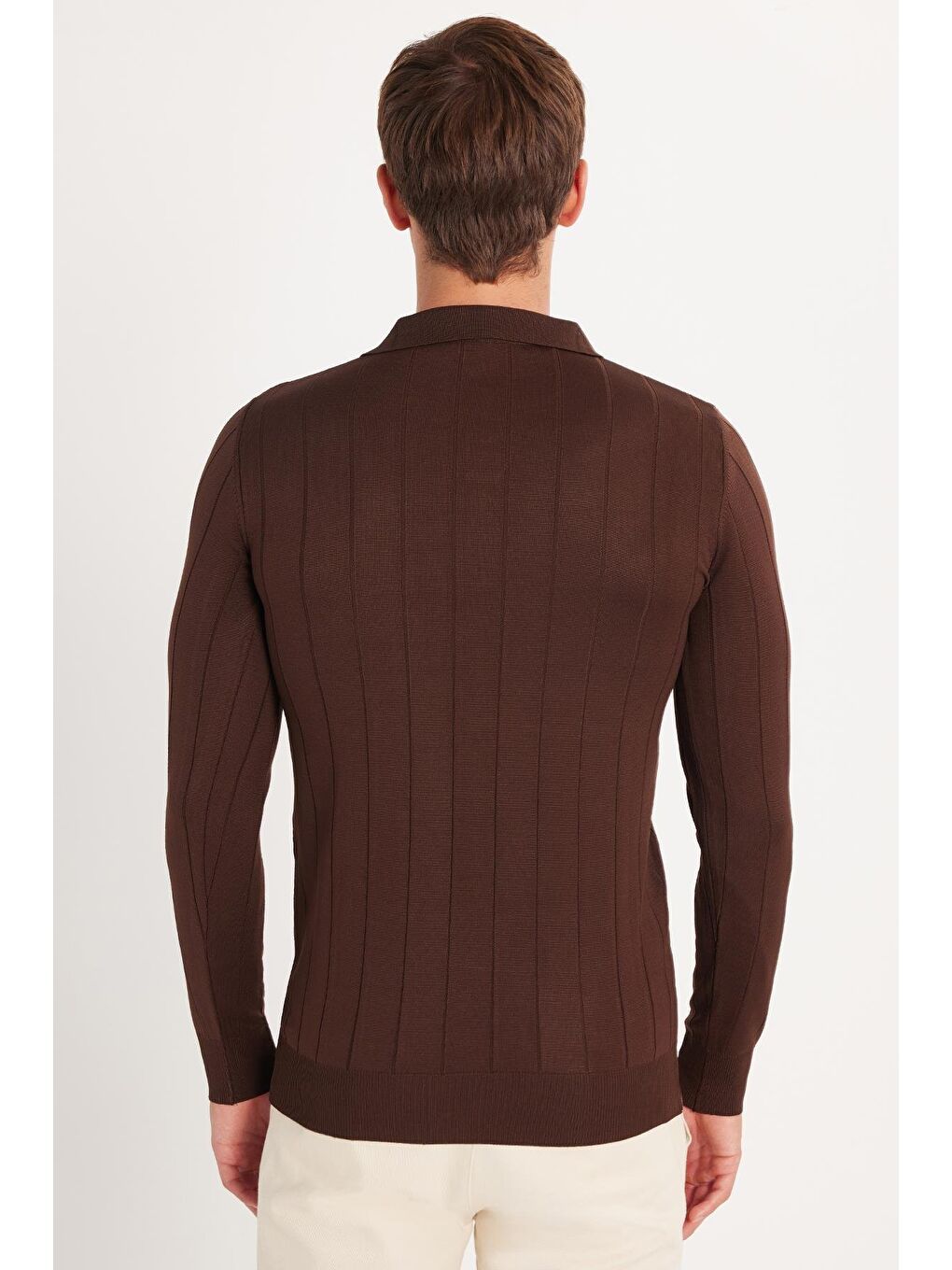 Erkek Slim Fit Dar Kesim Uzun Kol Polo Yaka Çizgili Kahverengi Kazak-4