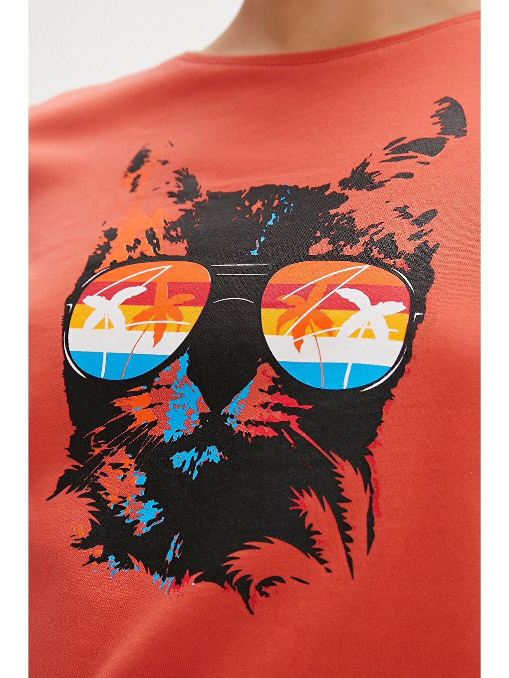 Kahverengi Cathy Tarçın Baskılı Kadın Tişört-1