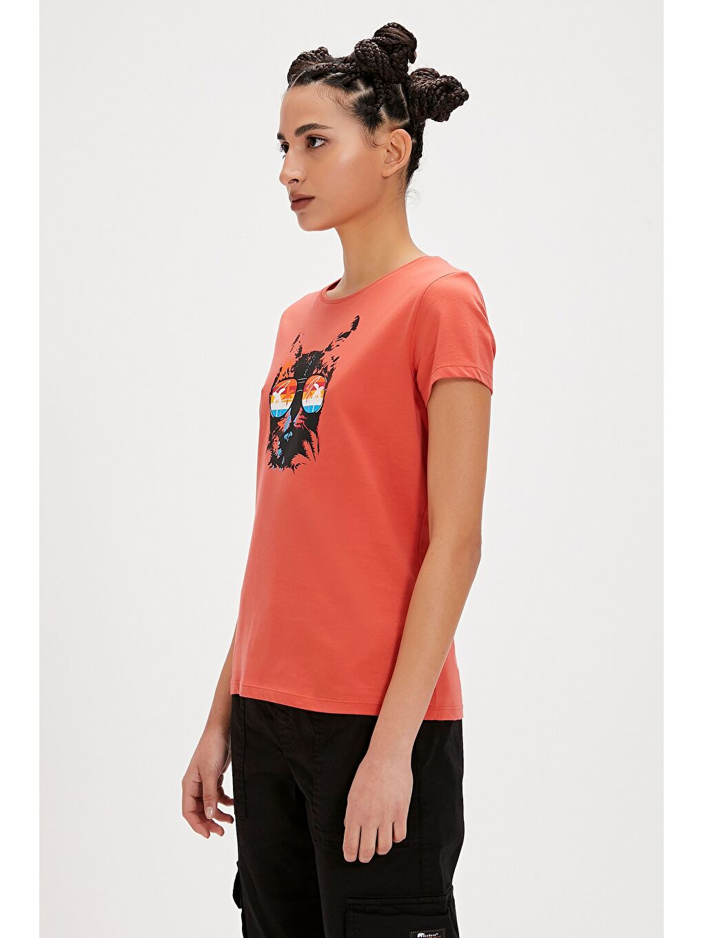 Kahverengi Cathy Tarçın Baskılı Kadın Tişört-3