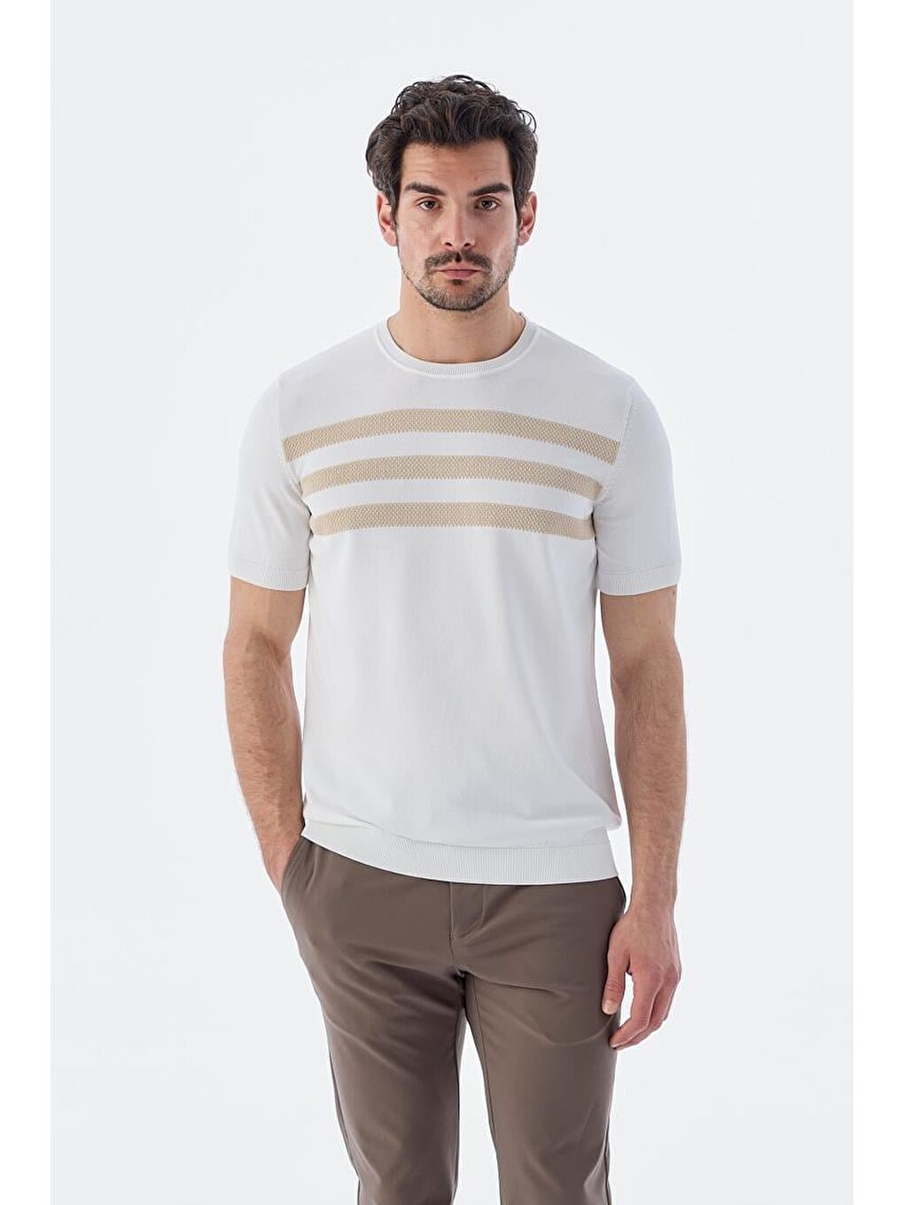 Bej Beyaz Slim Fit Bisiklet Yaka Desenli Triko T-Shirt-1