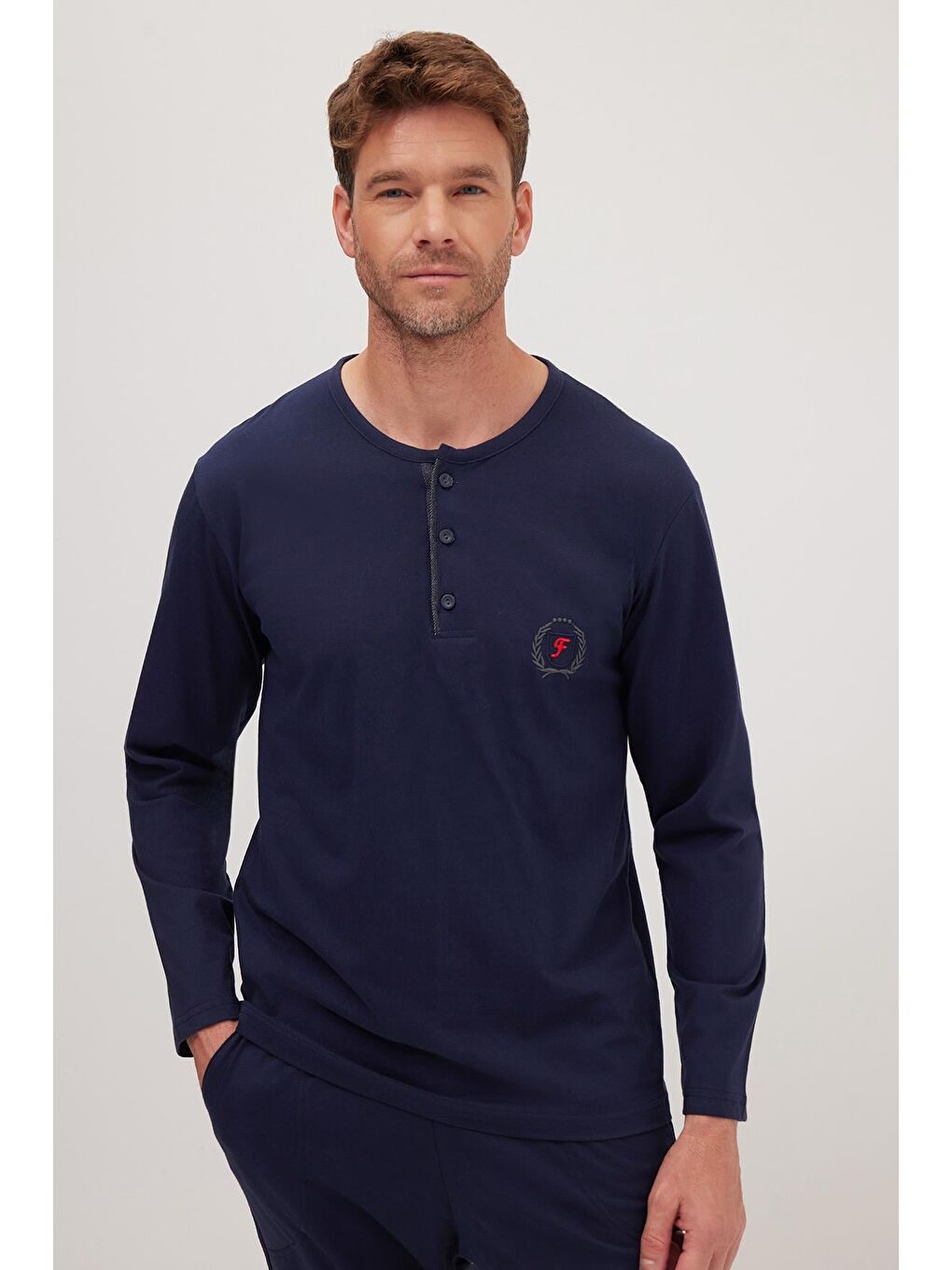 Erkek Standart Fit %100 Pamuk Bisiklet Yaka Beli Lastikli Lacivert Pijama Takımı-1