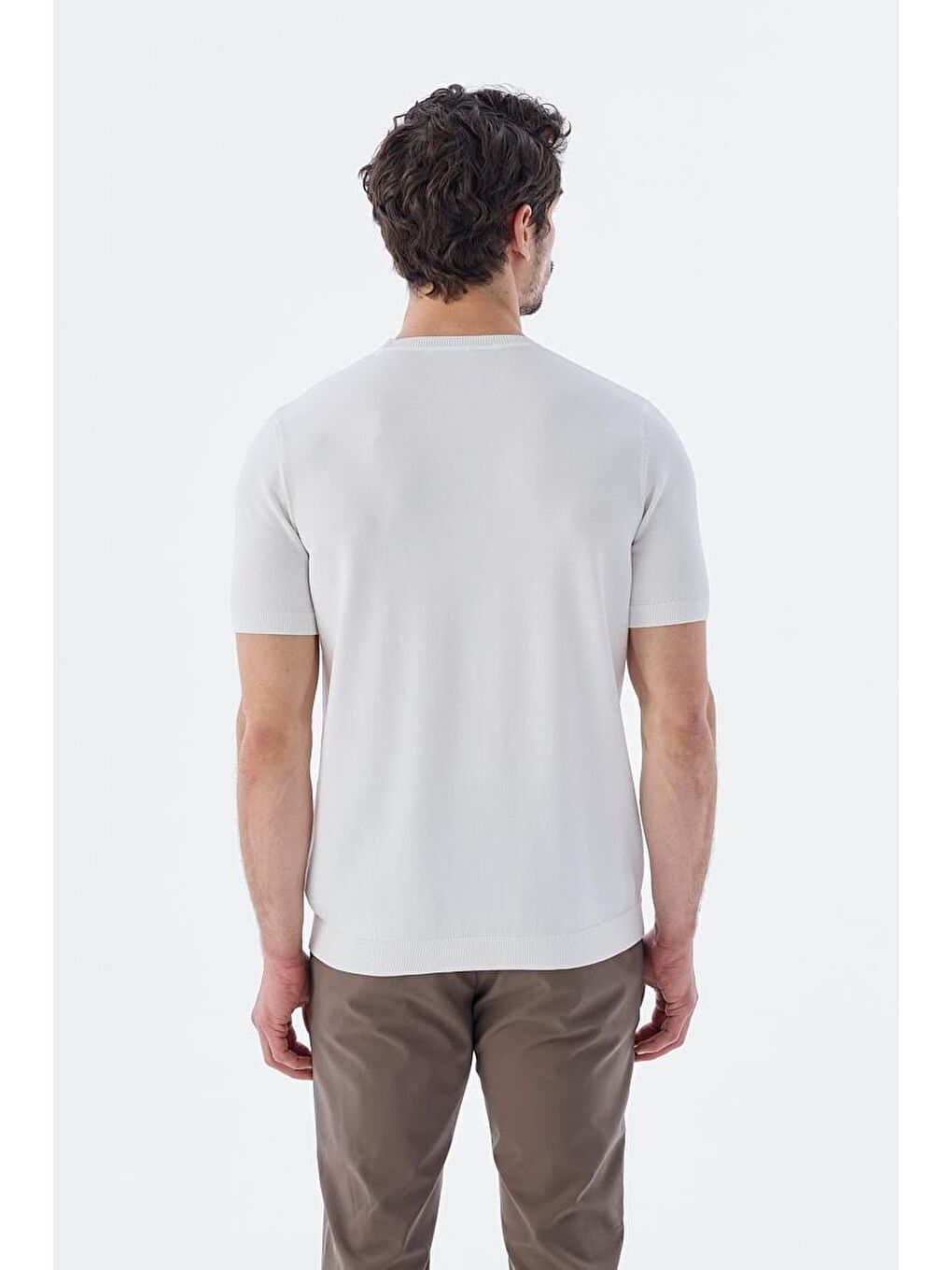 Bej Beyaz Slim Fit Bisiklet Yaka Desenli Triko T-Shirt-3