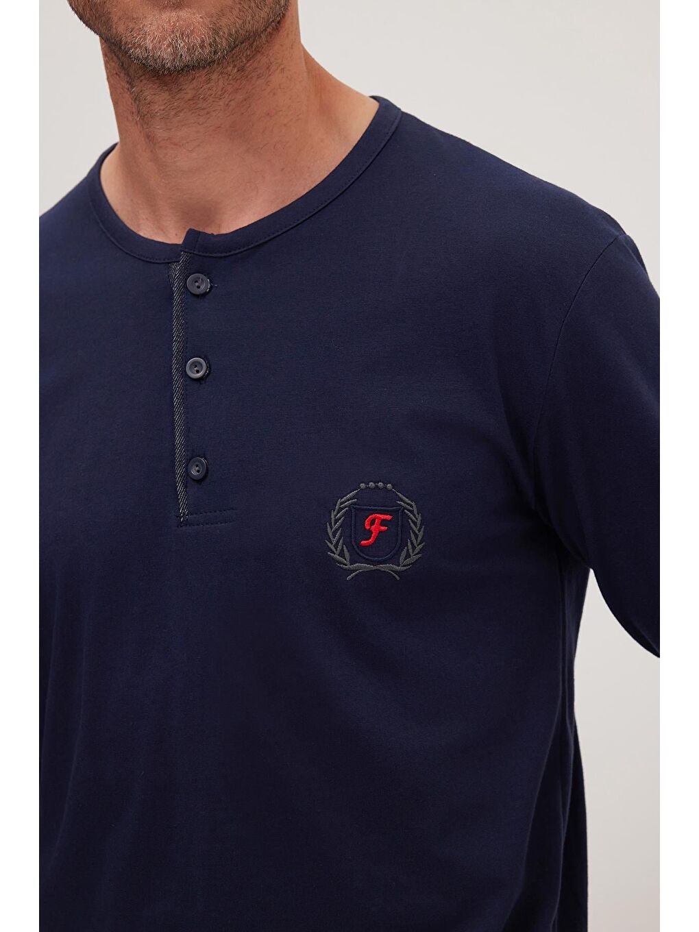 Erkek Standart Fit %100 Pamuk Bisiklet Yaka Beli Lastikli Lacivert Pijama Takımı-2