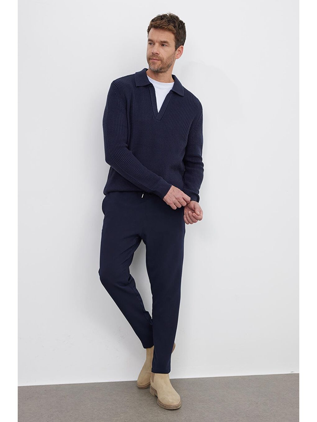 Erkek Slim Fit Dar Kesim Polo Yaka Lacivert Kazak-3