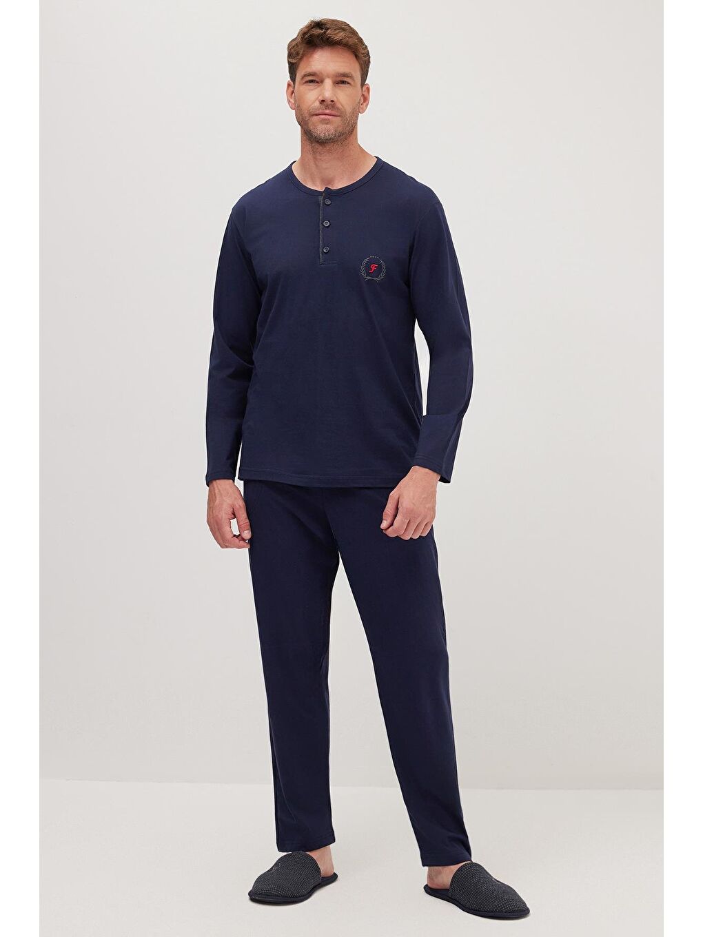 Erkek Standart Fit %100 Pamuk Bisiklet Yaka Beli Lastikli Lacivert Pijama Takımı-3