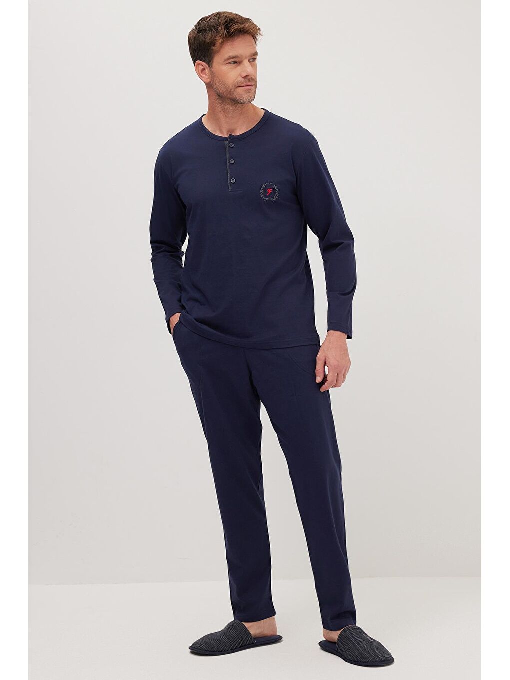 Erkek Standart Fit %100 Pamuk Bisiklet Yaka Beli Lastikli Lacivert Pijama Takımı-4