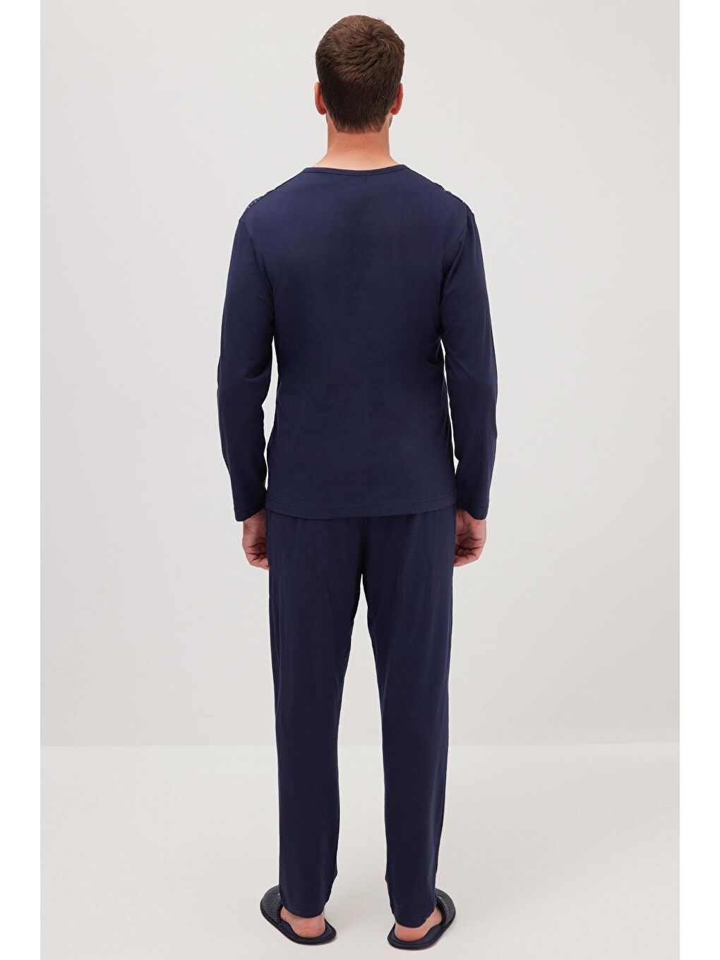 Erkek Standart Fit %100 Pamuk Bisiklet Yaka Beli Lastikli Lacivert Pijama Takımı-6