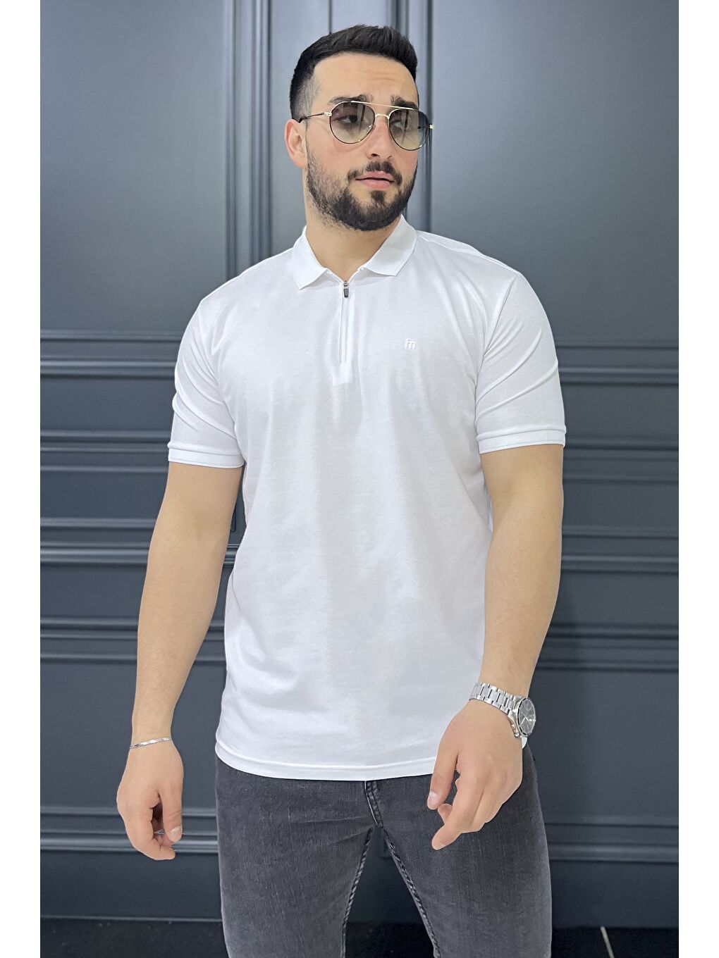Beyaz Yarım Fermuarlı Polo Yaka Erkek Tişört-1