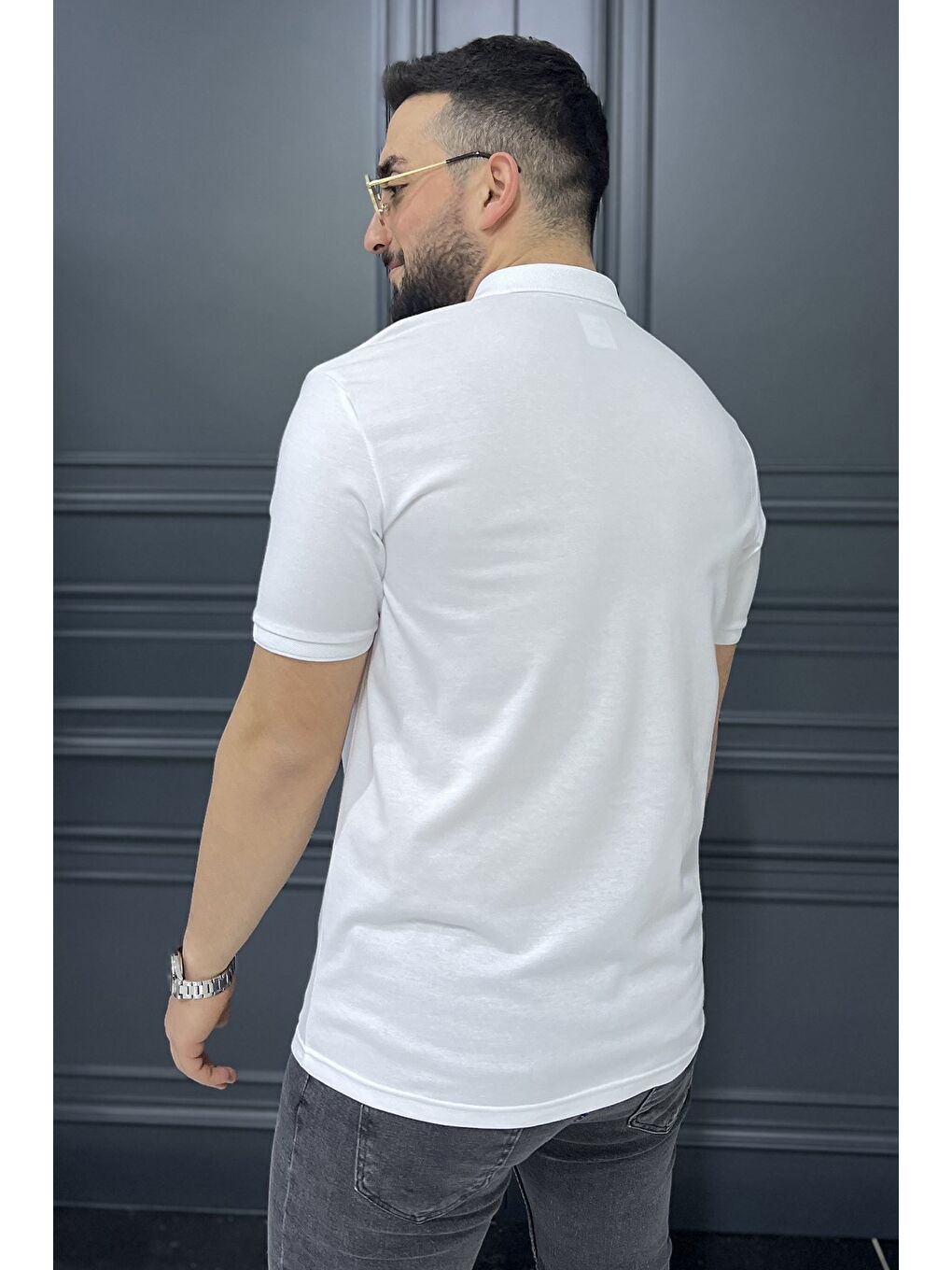 Beyaz Yarım Fermuarlı Polo Yaka Erkek Tişört-3