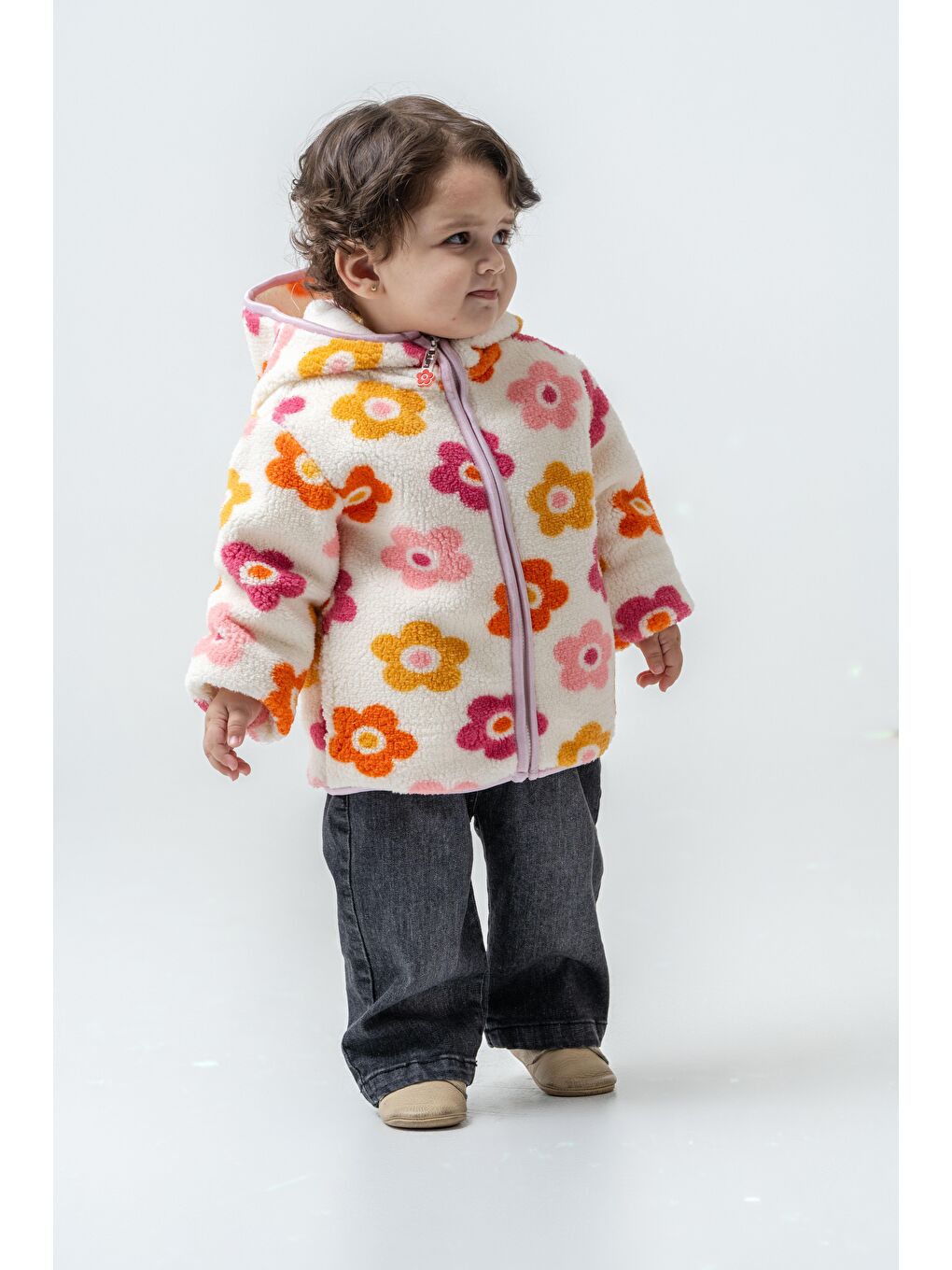 Karışık Çocuk Pamuklu Çiçek Desenli Kapüşonlu Fermuarlı Mont - Renkli Polar Dış Giyim-2