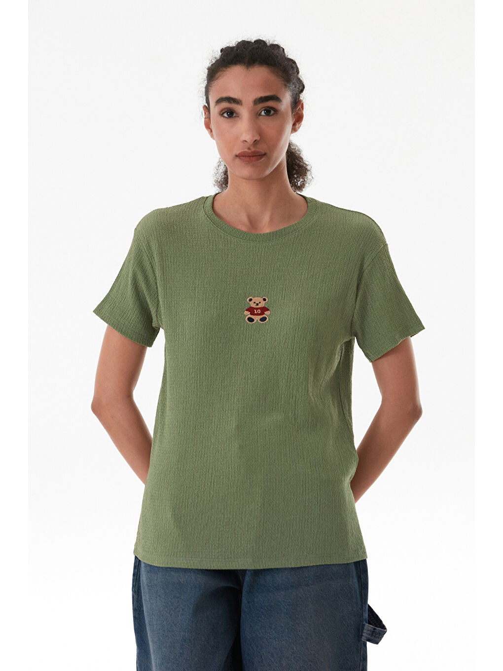 Turkuaz Ayıcık Nakışlı Bürümcük Kumaş Oversize Tişört