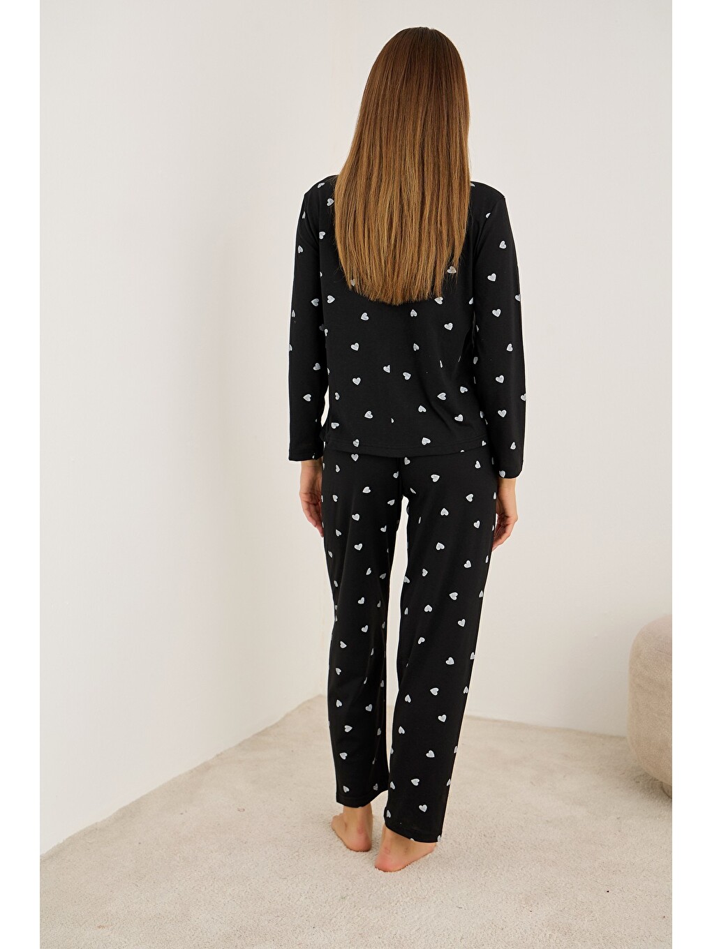 Siyah Uzun Kollu Düğmeli Hırka Pijama Takım 7935-1