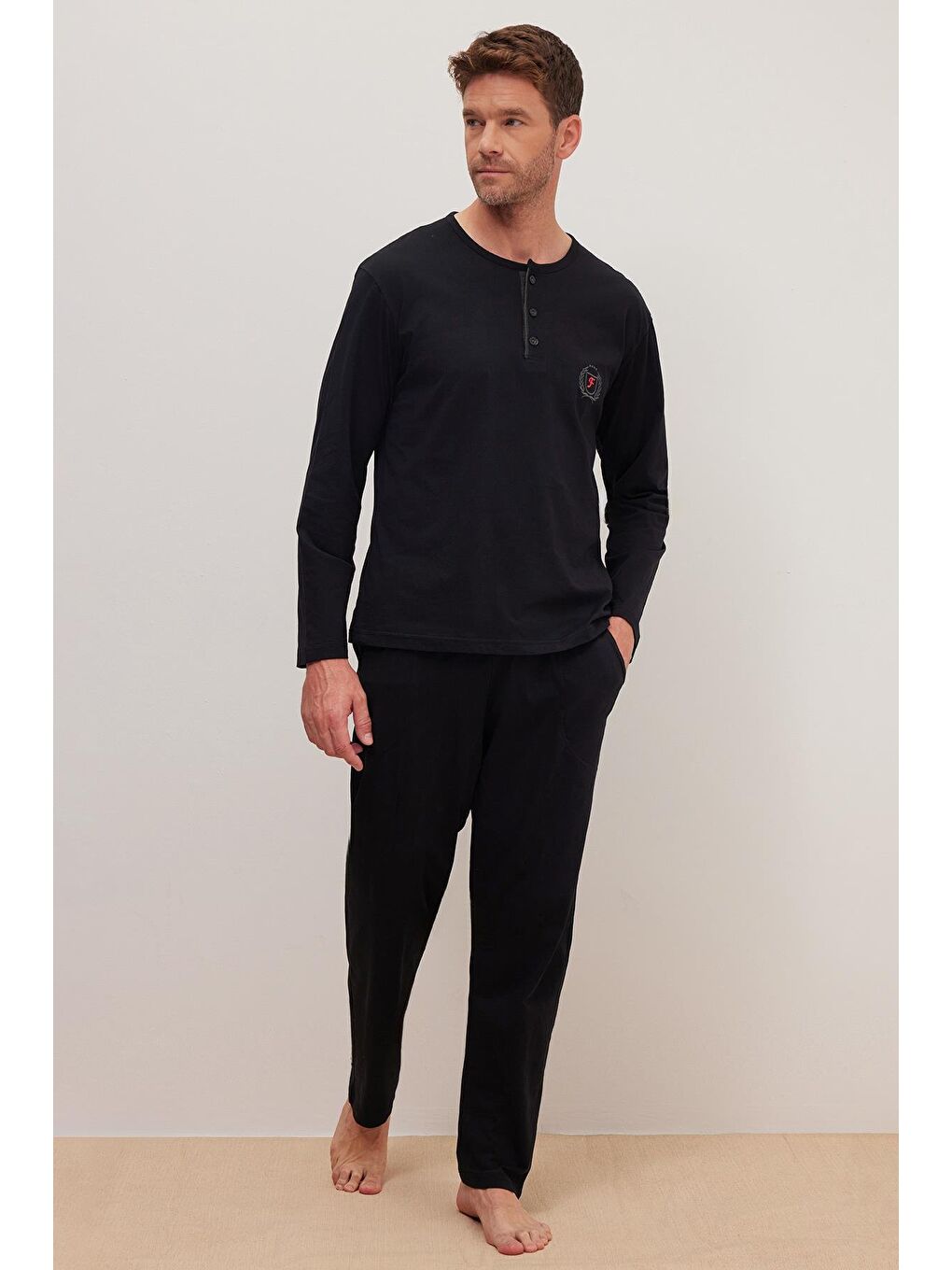 Erkek Standart Fit %100 Pamuk Bisiklet Yaka Beli Lastikli Siyah Pijama Takımı-3