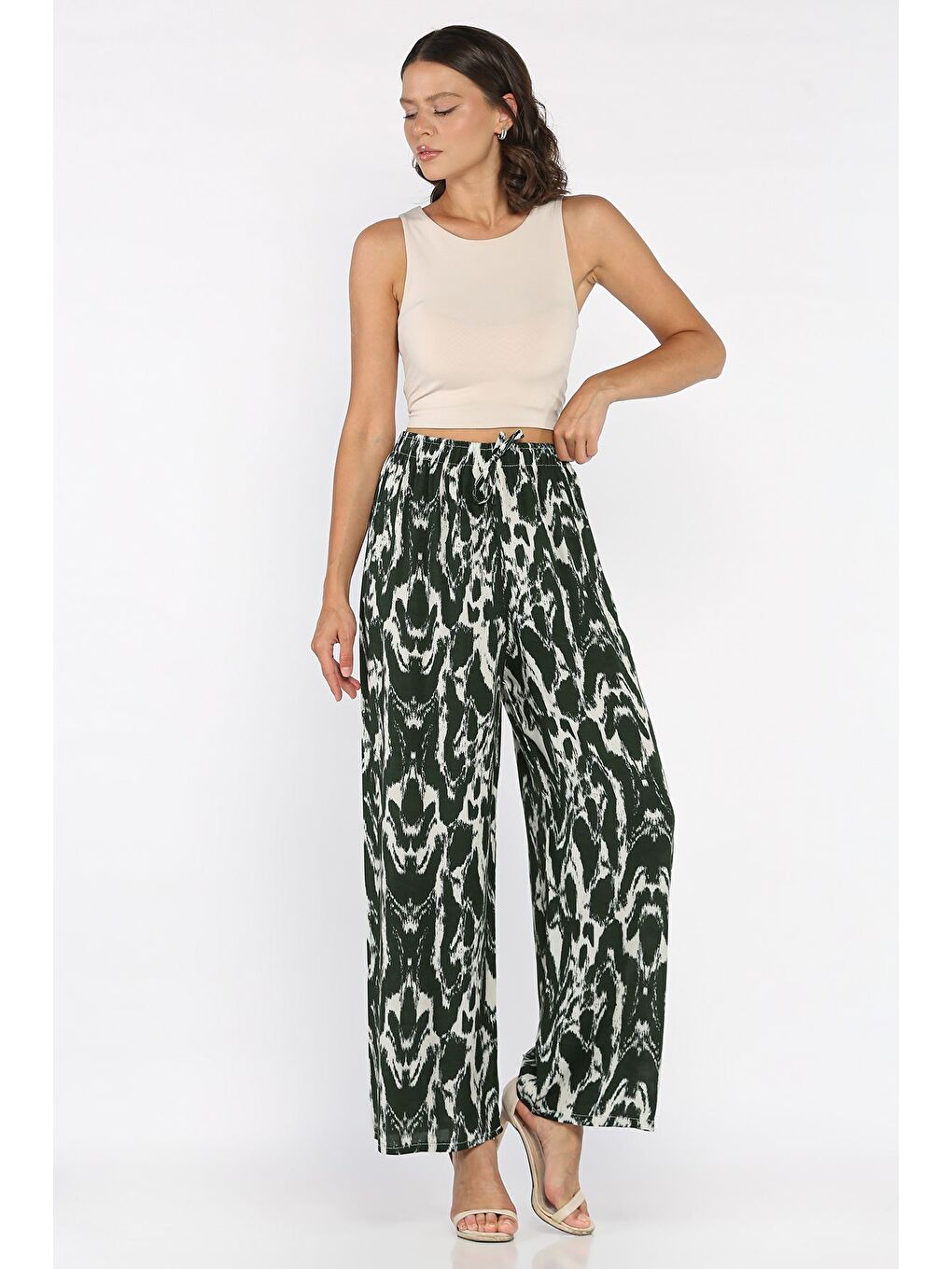 Haki Bel Lastikli Viskon Yürüyüş Pantolonu-1