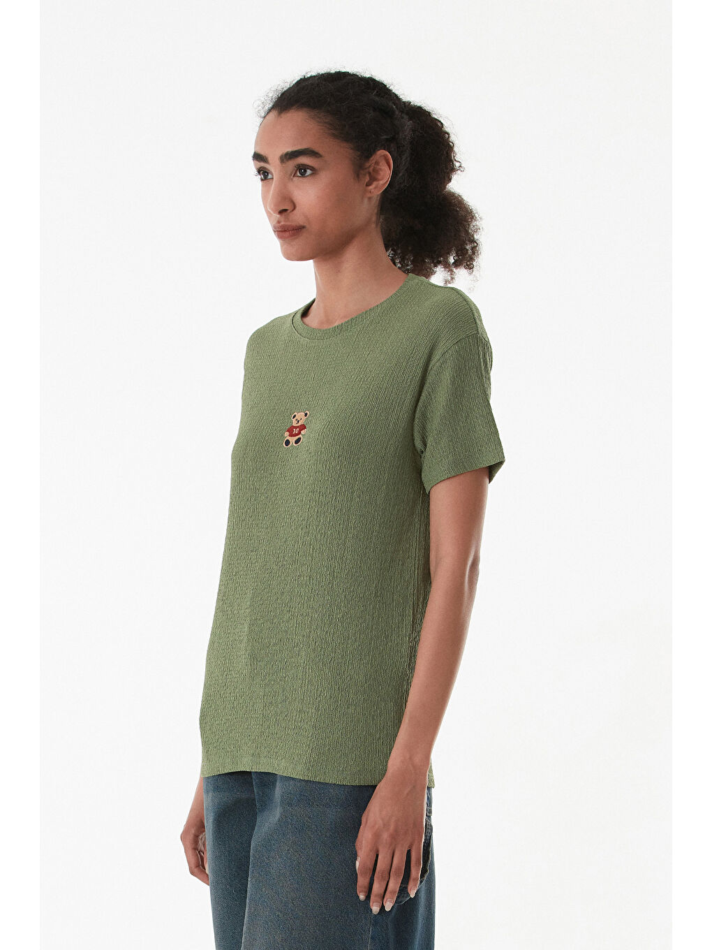 Turkuaz Ayıcık Nakışlı Bürümcük Kumaş Oversize Tişört-1