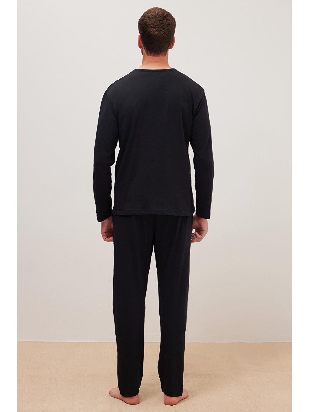 Erkek Standart Fit %100 Pamuk Bisiklet Yaka Beli Lastikli Siyah Pijama Takımı-6