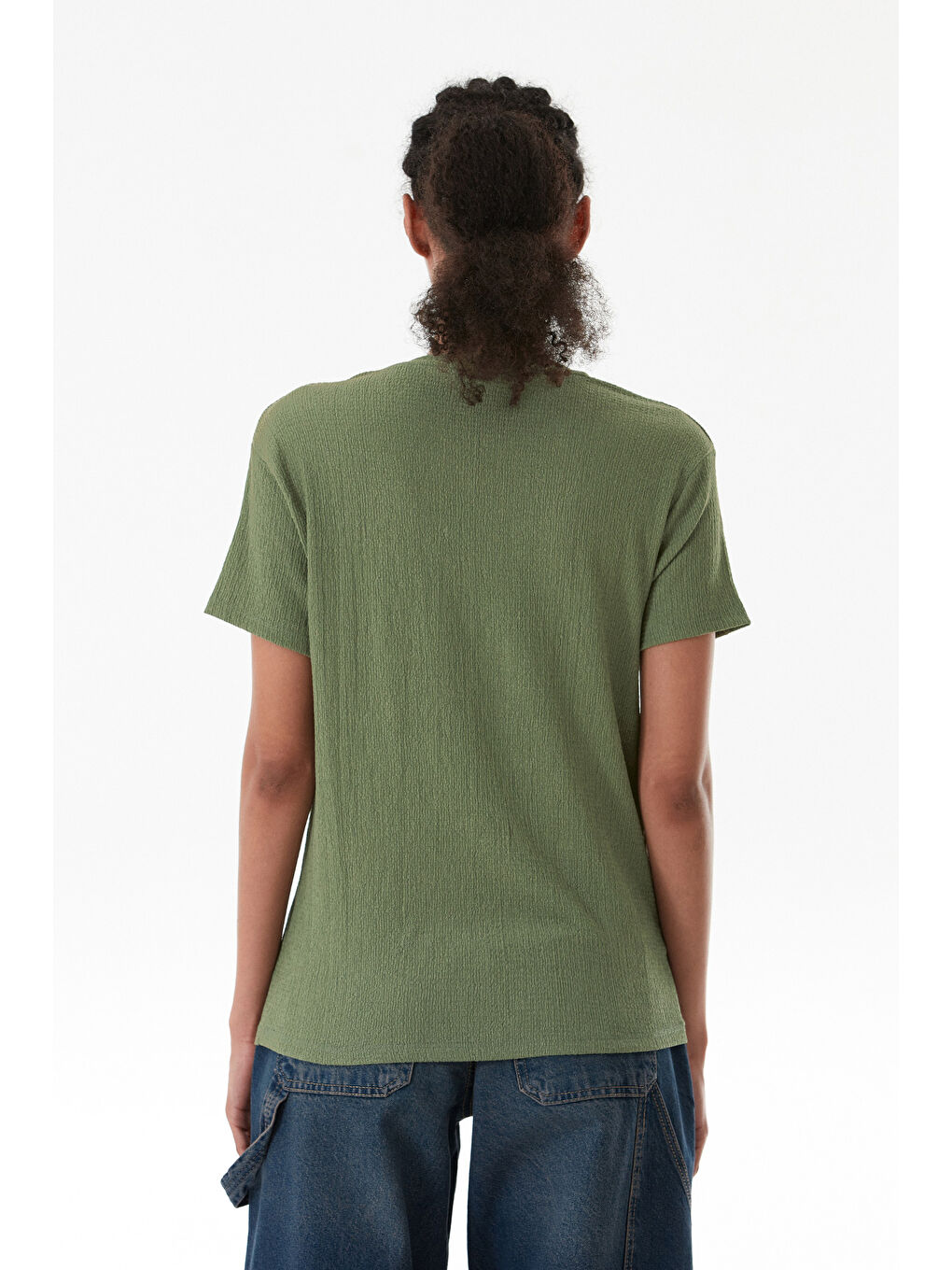 Turkuaz Ayıcık Nakışlı Bürümcük Kumaş Oversize Tişört-2