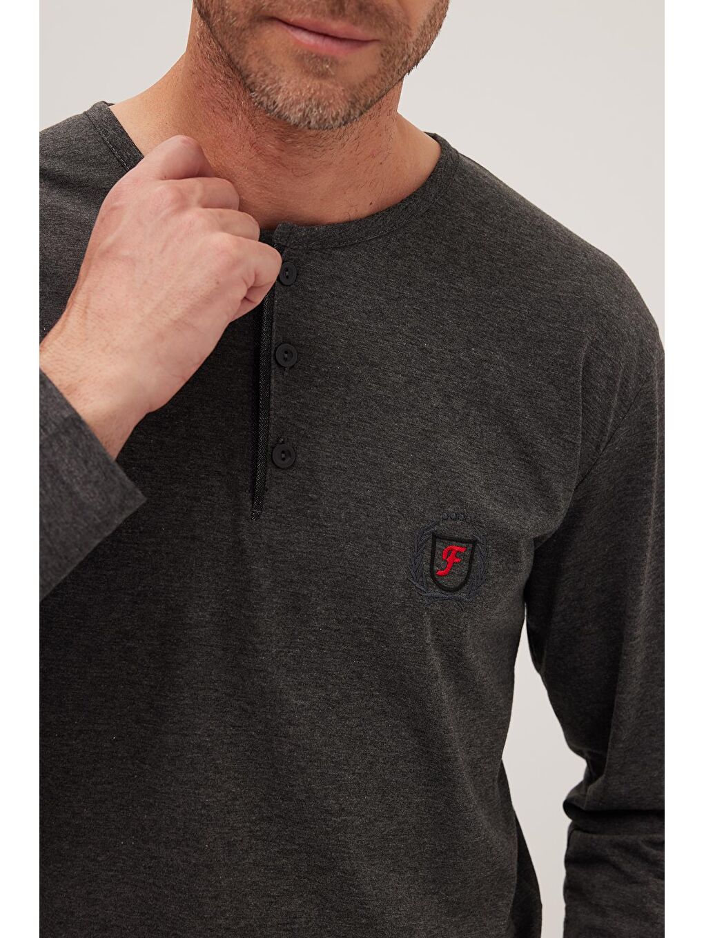 Erkek Standart Fit %100 Pamuk Bisiklet Yaka Beli Lastikli Antrasit Pijama Takımı-2