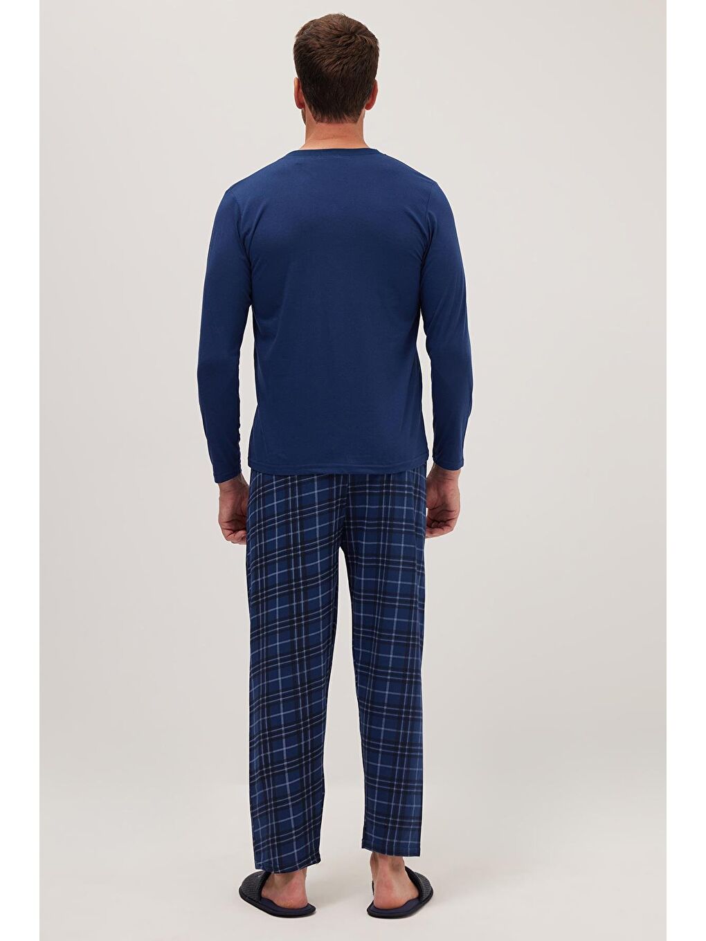 Erkek Regular Fit Pamuklu Düğmeli Yaka Beli Lastikli Desenli İndigo Pijama Takımı-6