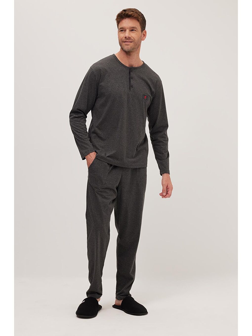 Erkek Standart Fit %100 Pamuk Bisiklet Yaka Beli Lastikli Antrasit Pijama Takımı-4