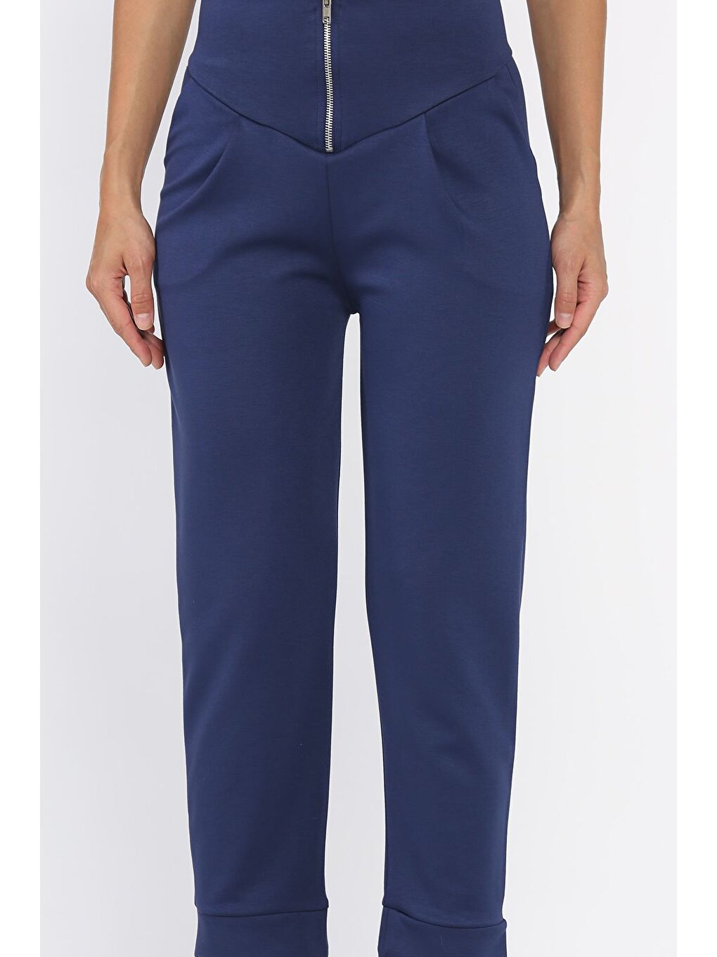 Lacivert Kadın Pile Detaylı Fermuarlı Pantolon-2