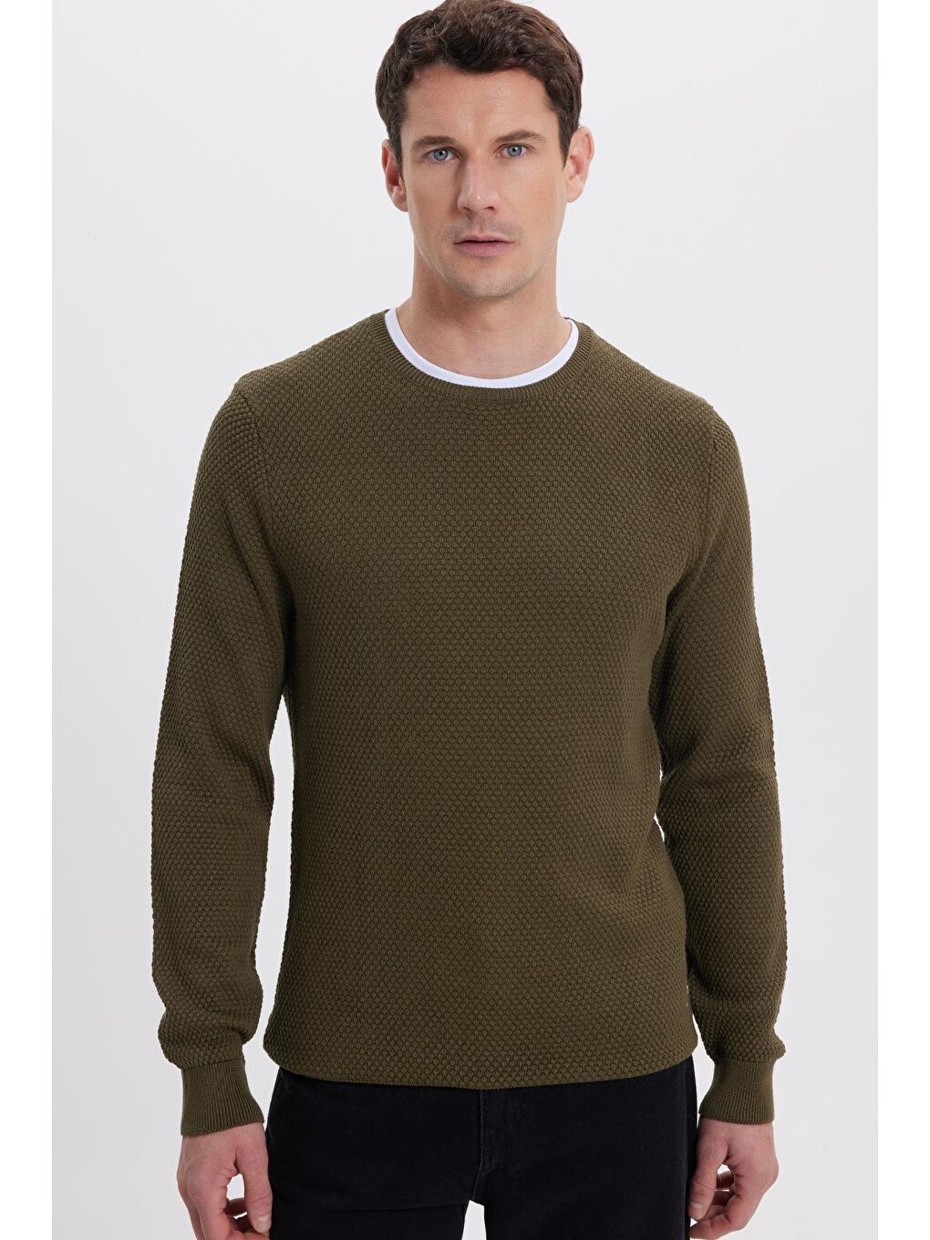 Haki Erkek Standart Fit Normal Kesim Bisiklet Yaka Petek Desenli Erkek Kazak