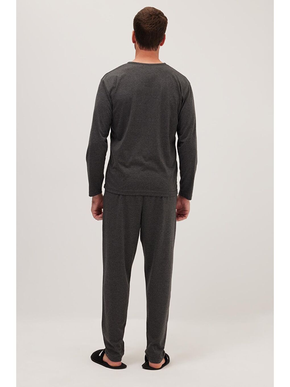 Erkek Standart Fit %100 Pamuk Bisiklet Yaka Beli Lastikli Antrasit Pijama Takımı-6