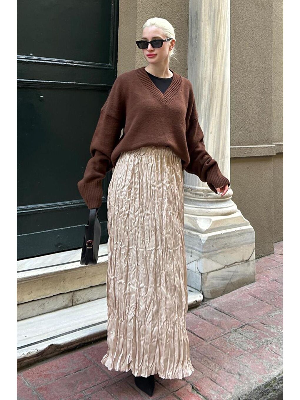 Bej Parlak Taş Rengi Kırışık Desen Kadın Etek Mg2290-1