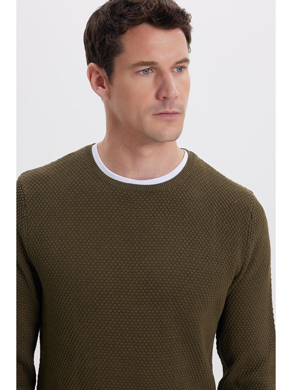 Haki Erkek Standart Fit Normal Kesim Bisiklet Yaka Petek Desenli Erkek Kazak-1