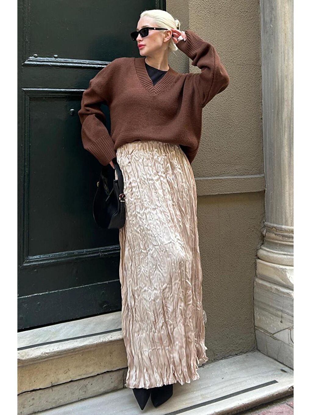 Bej Parlak Taş Rengi Kırışık Desen Kadın Etek Mg2290-2