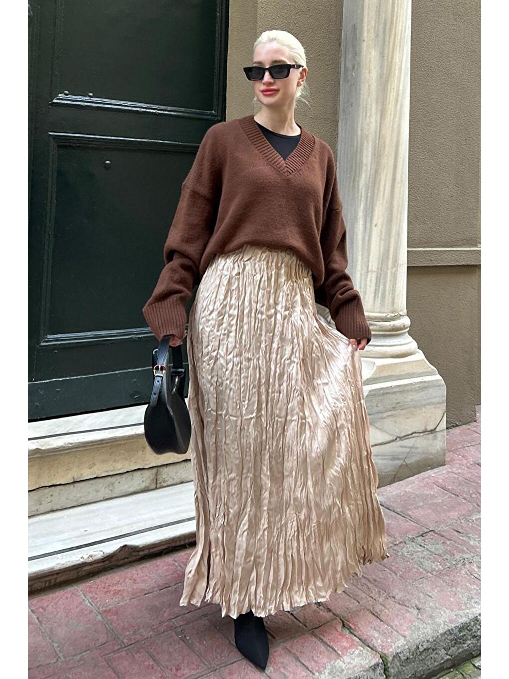 Bej Parlak Taş Rengi Kırışık Desen Kadın Etek Mg2290-3