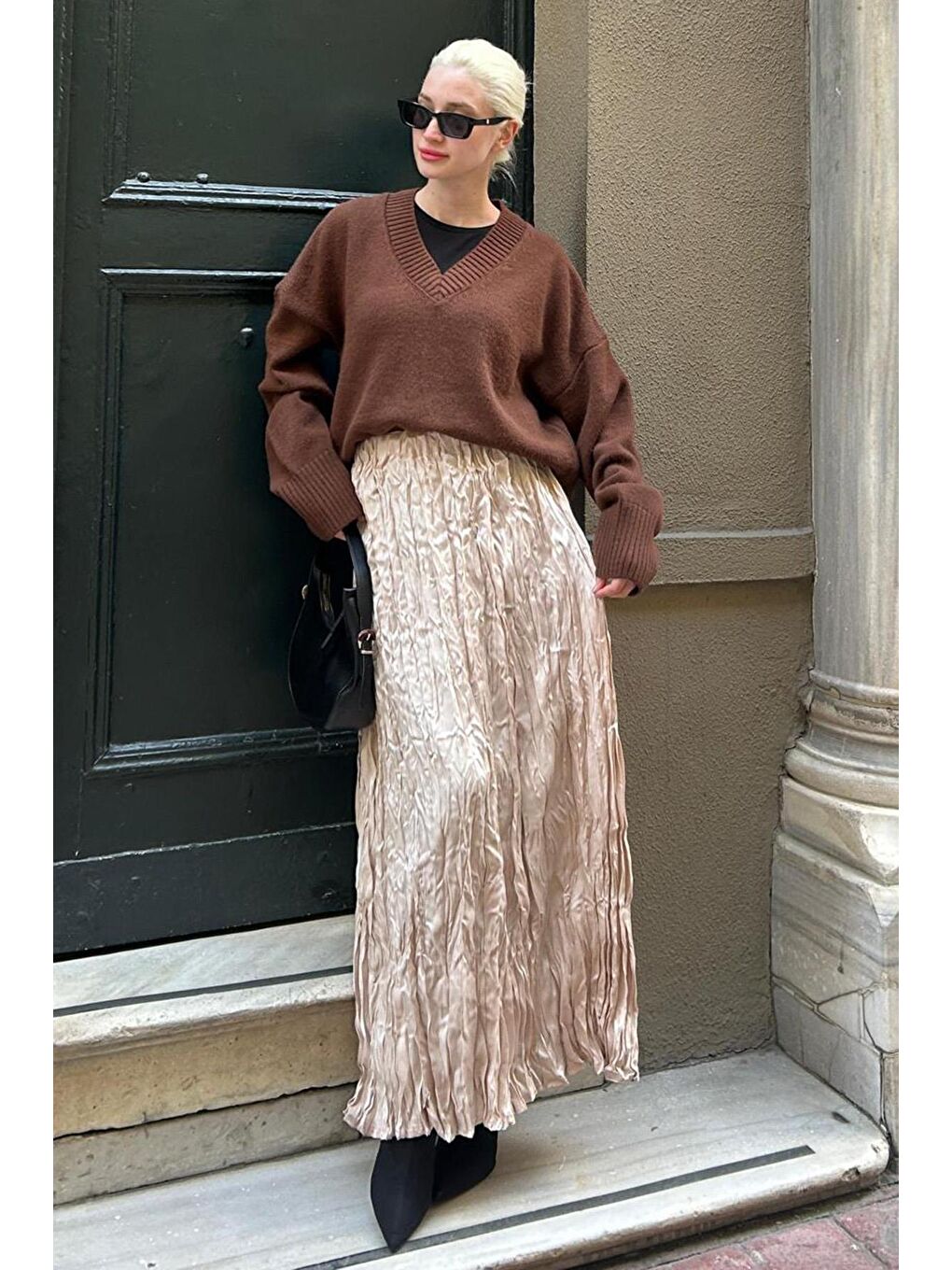 Bej Parlak Taş Rengi Kırışık Desen Kadın Etek Mg2290-4