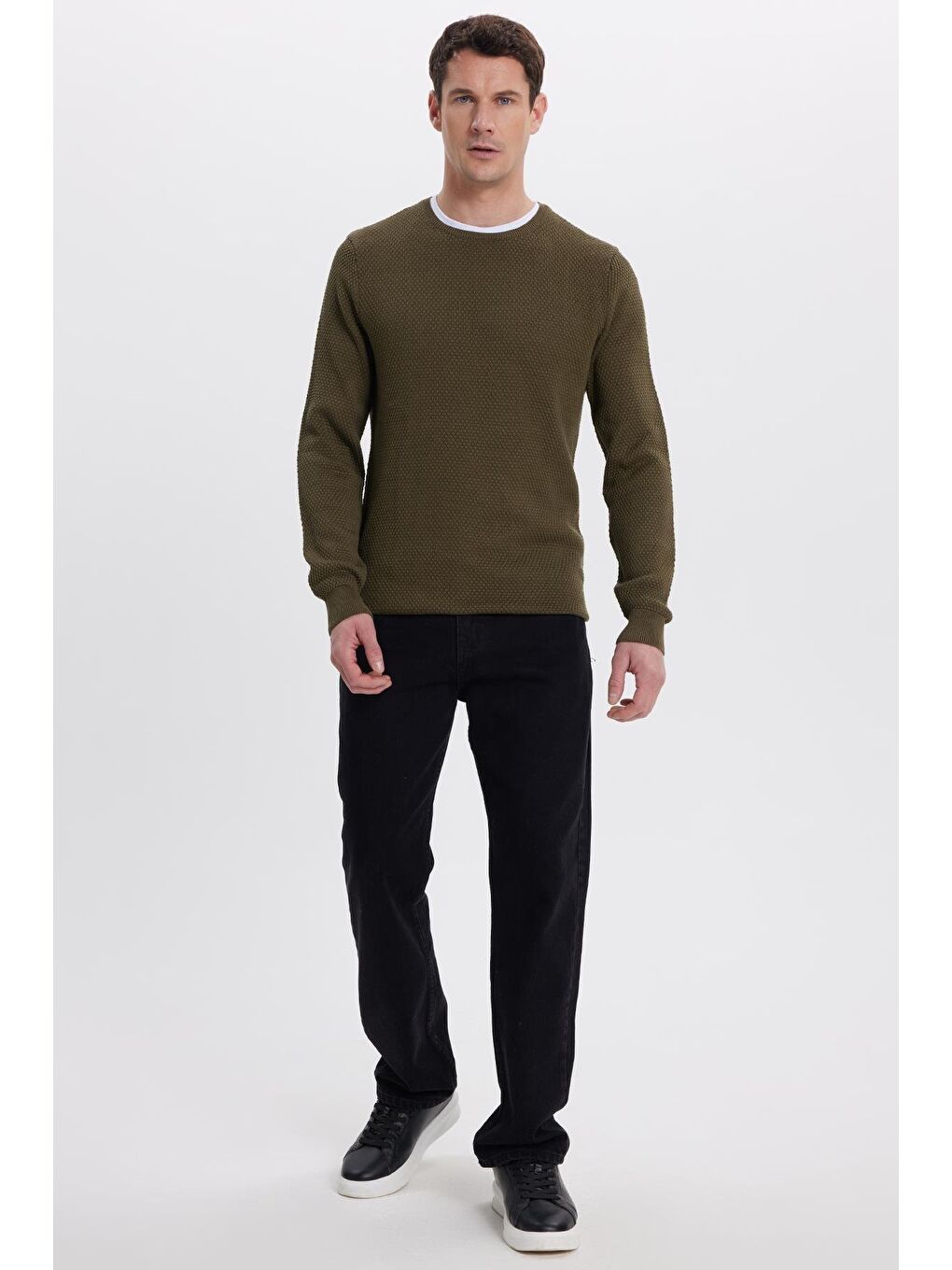 Haki Erkek Standart Fit Normal Kesim Bisiklet Yaka Petek Desenli Erkek Kazak-3