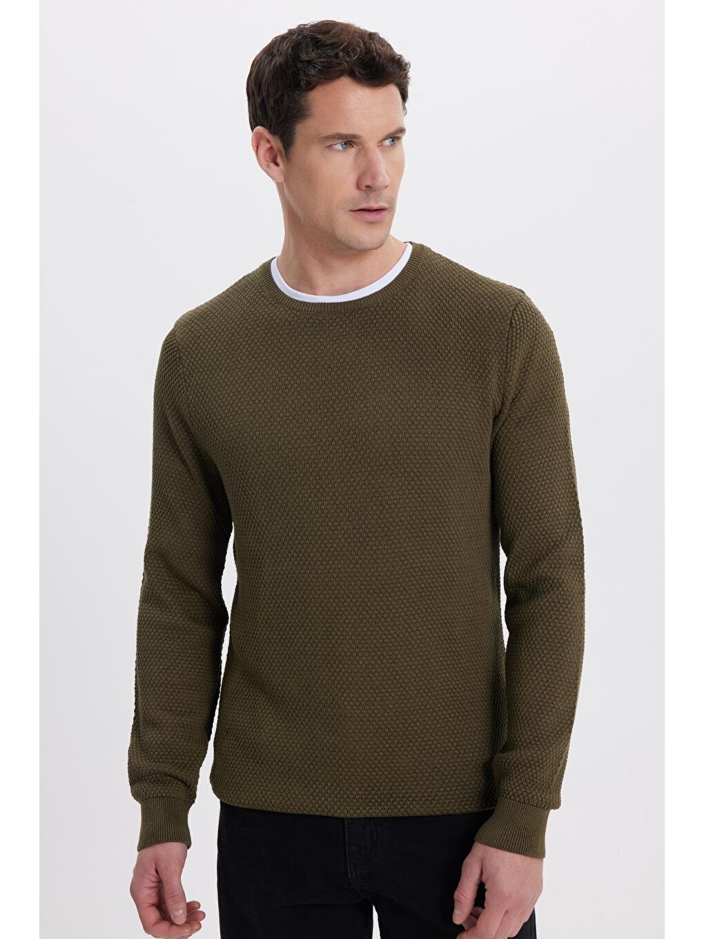 Haki Erkek Standart Fit Normal Kesim Bisiklet Yaka Petek Desenli Erkek Kazak-4