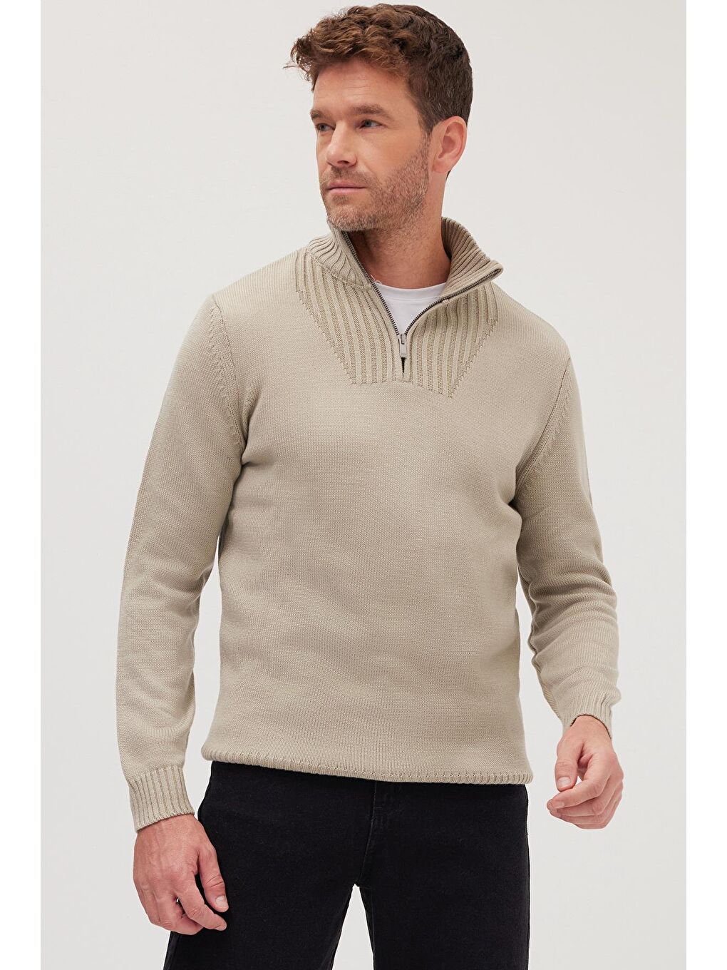 Yeşil Erkek Slim Fit Dar Kesim Armürlü Fermuarlı Taş Dik Yaka Kazak