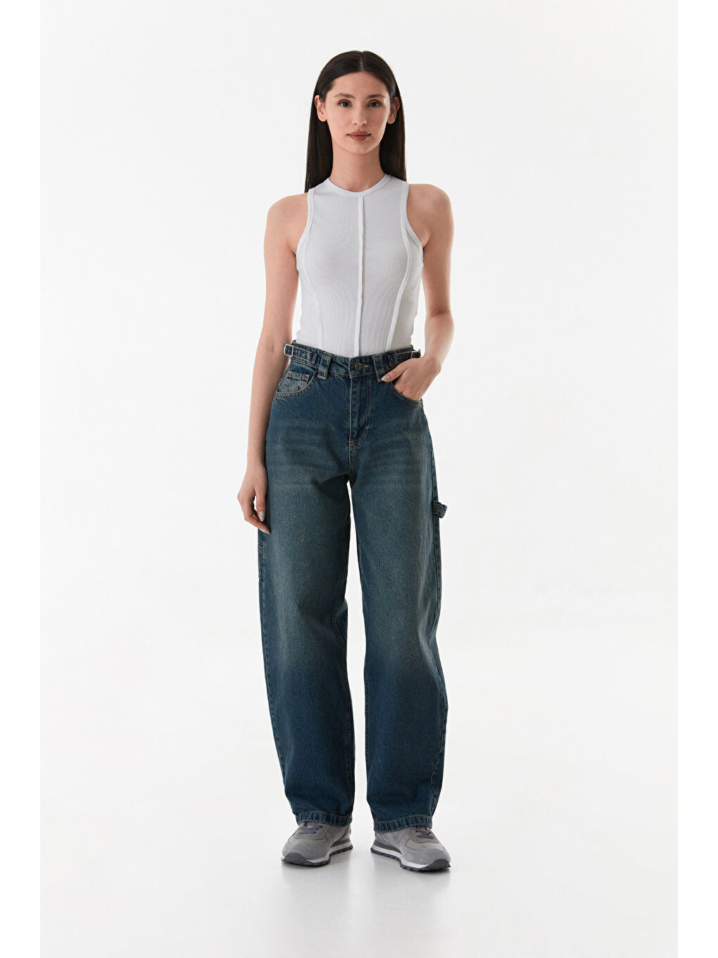 Mavi Yüksek Bel Tokalı Baggy Jean