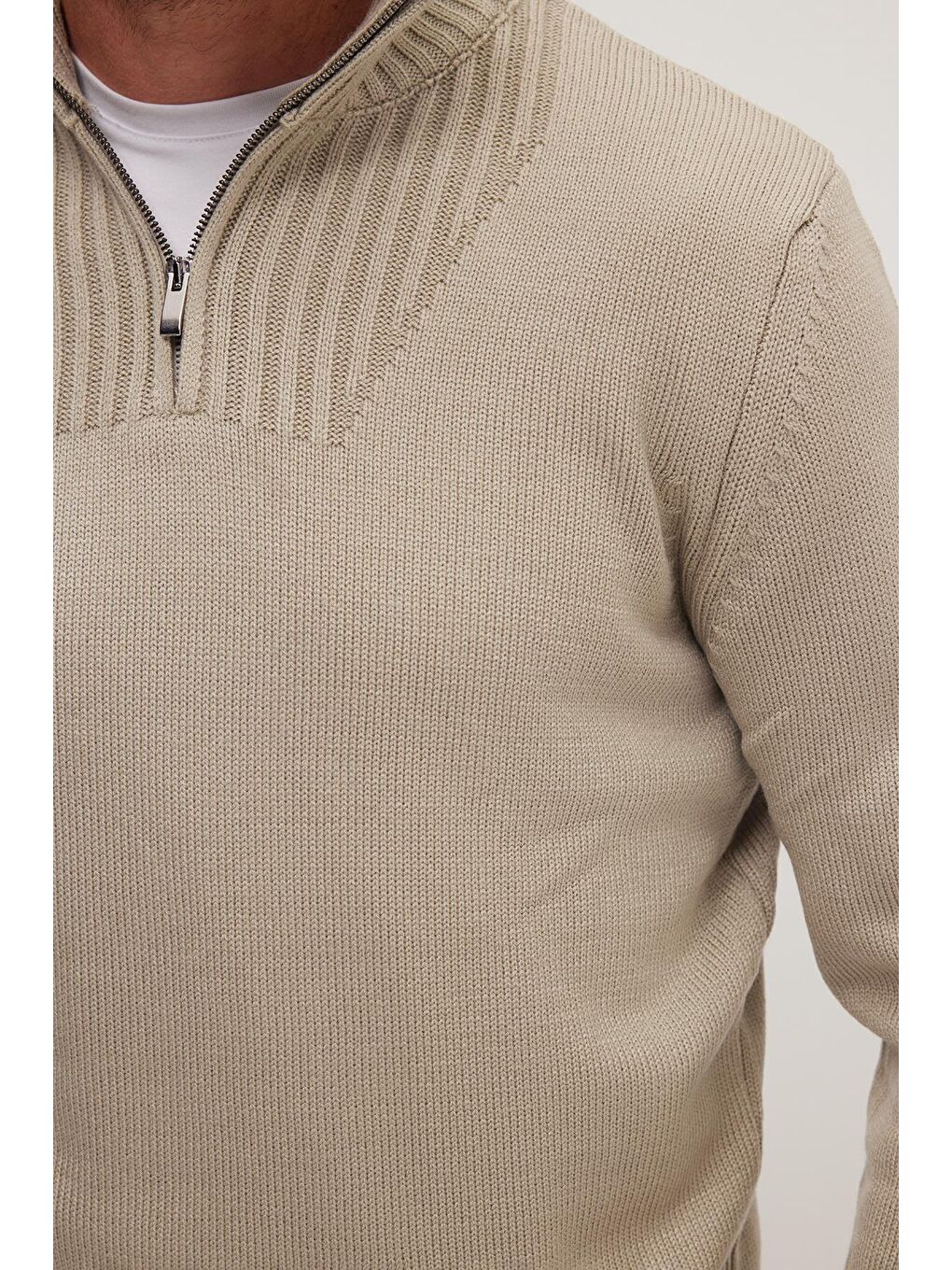 Yeşil Erkek Slim Fit Dar Kesim Armürlü Fermuarlı Taş Dik Yaka Kazak-2