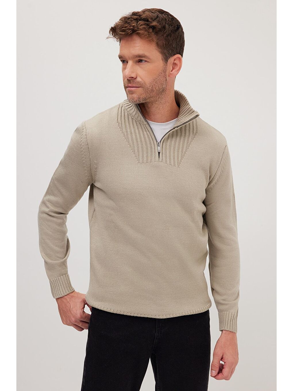 Yeşil Erkek Slim Fit Dar Kesim Armürlü Fermuarlı Taş Dik Yaka Kazak-3