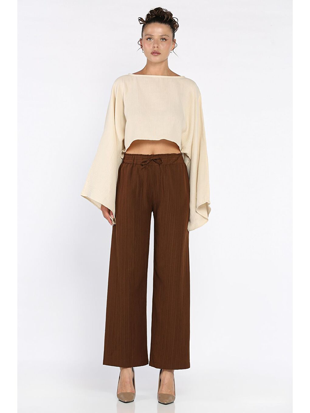 Kahverengi Kadın Bel Lastikli Kendinden Desenli Palazzo Pantolon-1