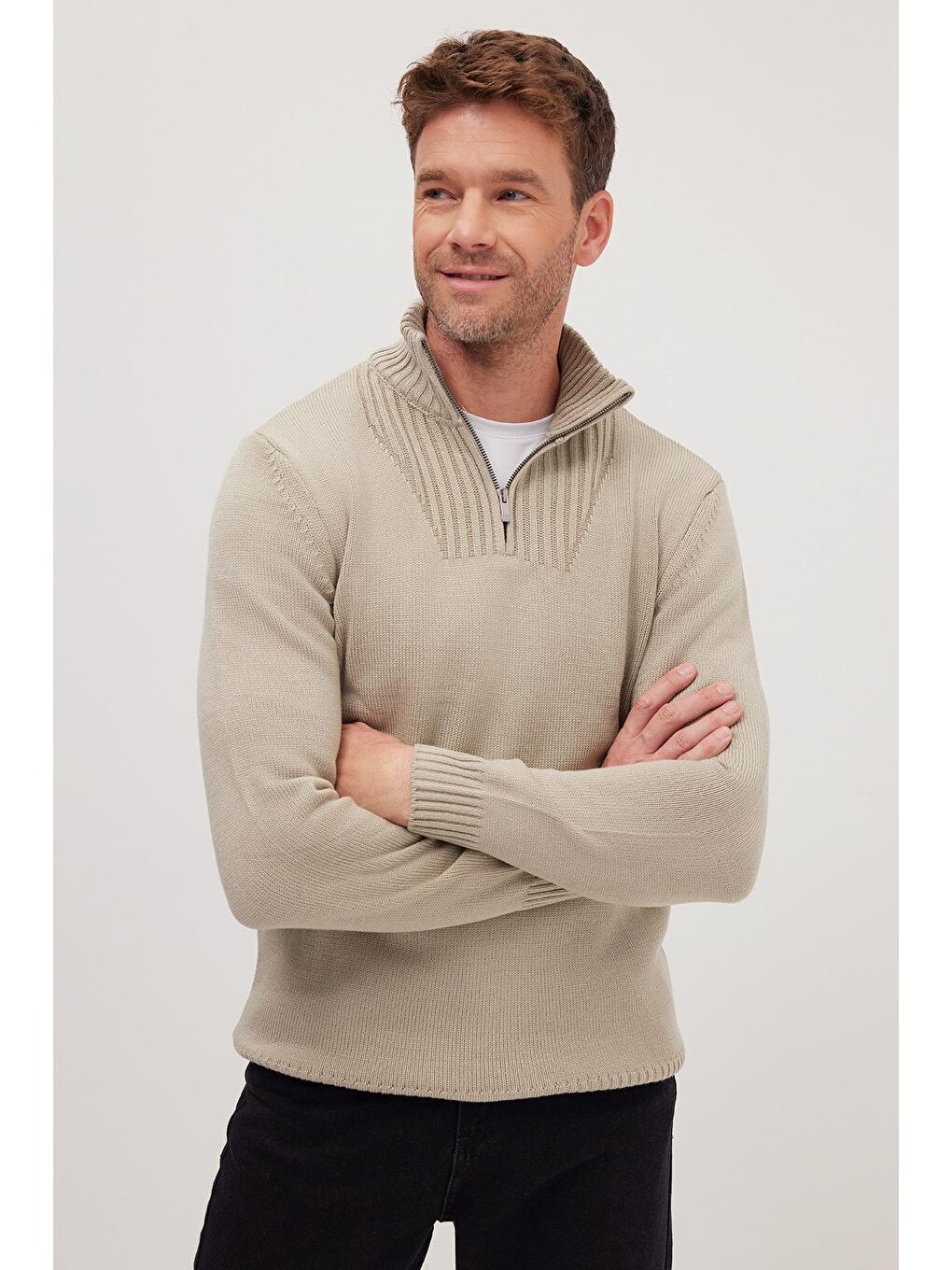 Yeşil Erkek Slim Fit Dar Kesim Armürlü Fermuarlı Taş Dik Yaka Kazak-4